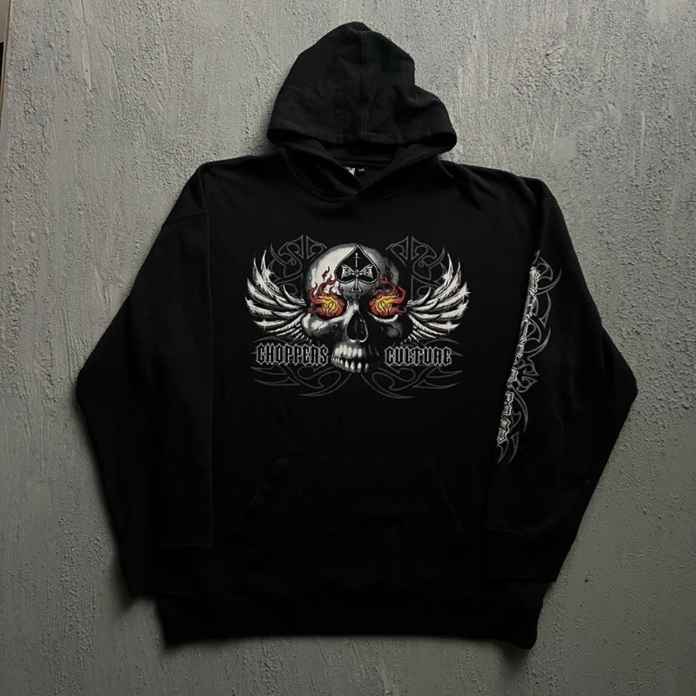 Vintage Choppers Culture Hoodie Large Black 2000s Y2K Skull Biker
